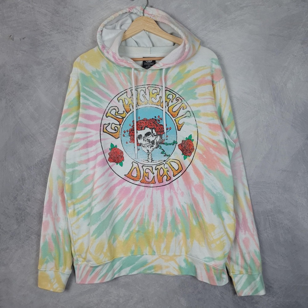 Grateful Dead Hoodie Mens Large Tie Dye Skull Roses Graphic Fleece Pullover